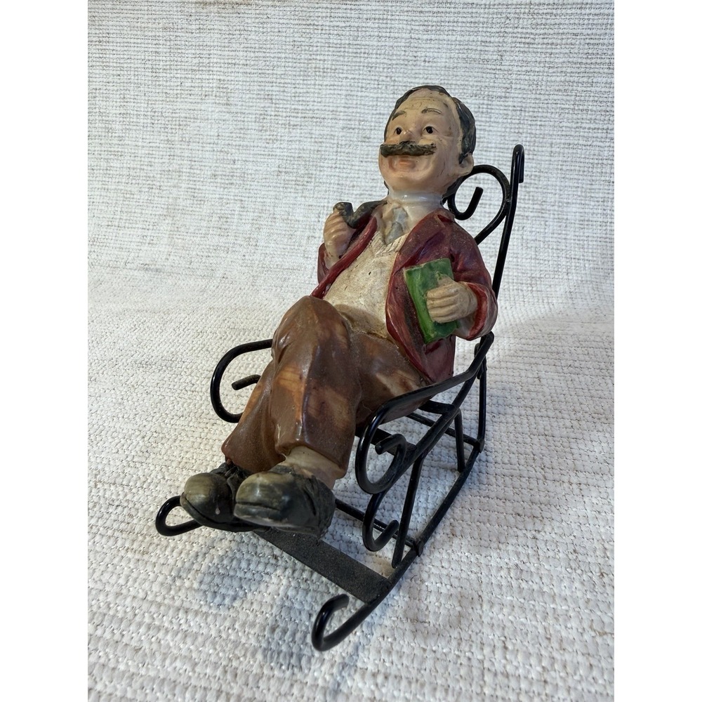 Vintage Man in Rocking Chair Figurine Reading Pipe Library Decor